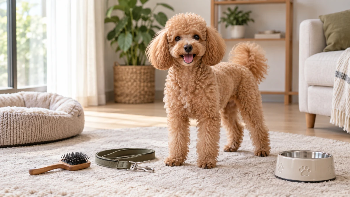 Toy Poodle berwarna aprikot dengan sikat, tali penuntun, dan mangkuk.
