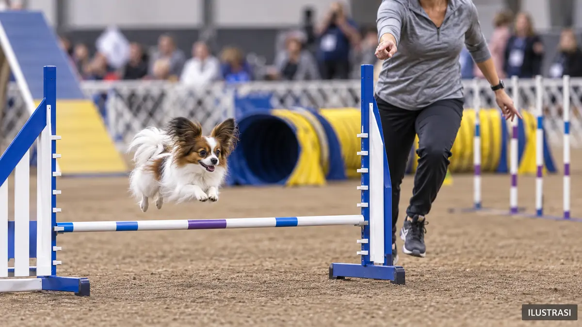Ilustrasi Papillon melompati rintangan rendah dalam kompetisi agility anjing