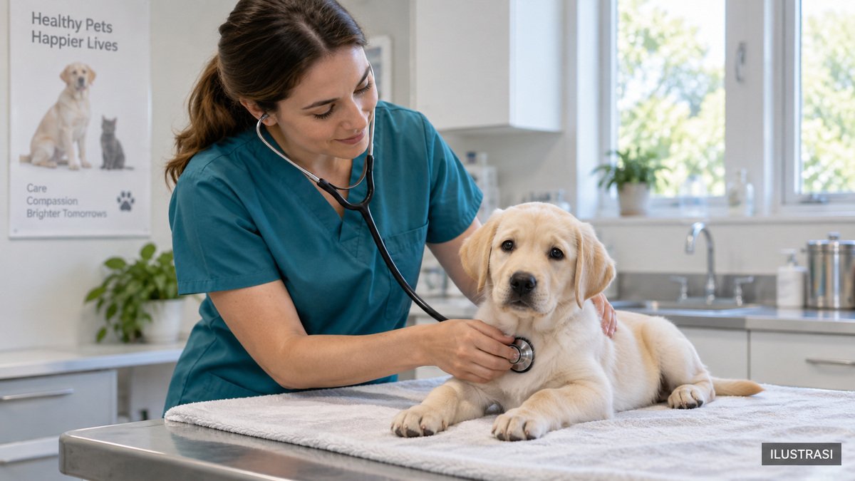 Ilustrasi dokter hewan memeriksa anak Labrador dengan stetoskop di klinik