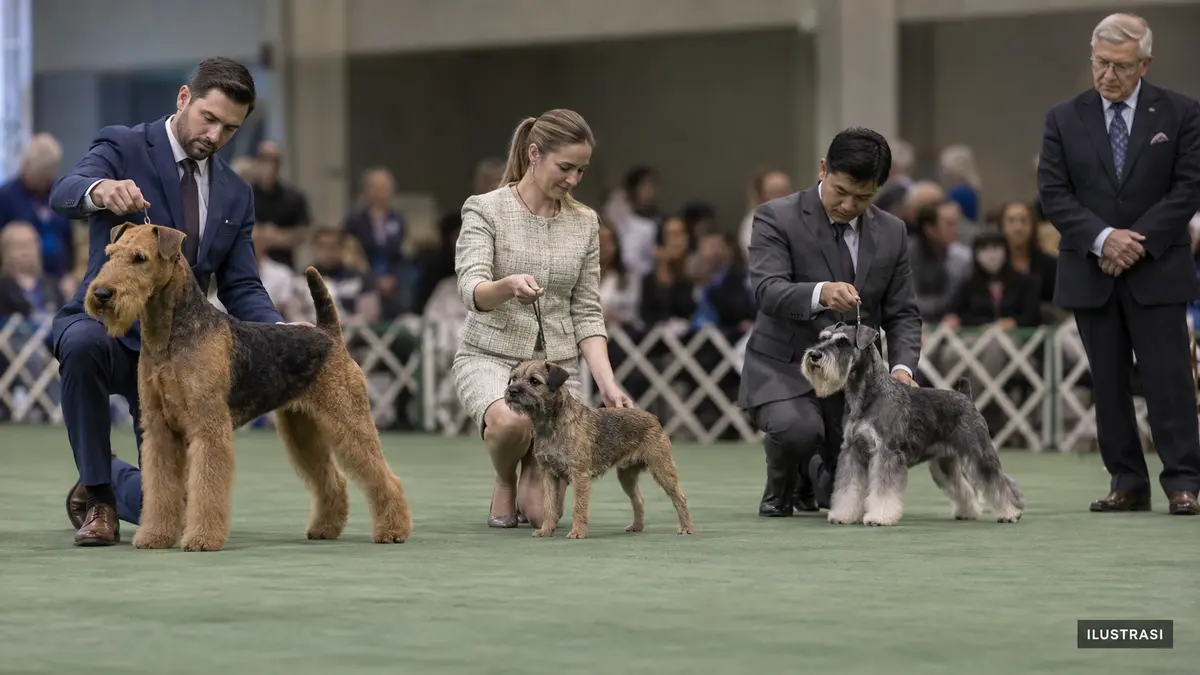 Ilustrasi Airedale Terrier, Border Terrier, dan Miniature Schnauzer bersama handler di arena dog show