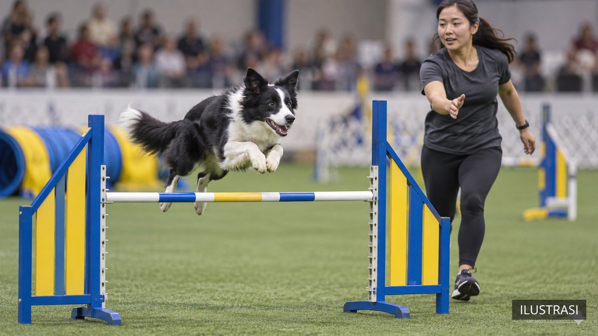 Ilustrasi Border Collie melompati palang agility dengan arahan handler di arena dalam ruangan